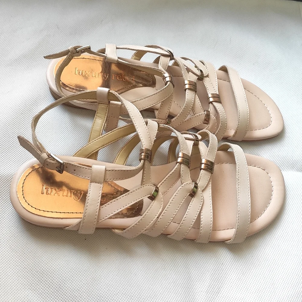 Luxury Rebel Blush Leather Designer Strappy Low Wedge Sandal
